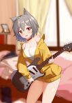  1girl absurdres animal_ears blurry blurry_background blush breasts camisole cat_ears cleavage collar contrapposto dated depth_of_field electric_guitar fang grey_hair guitar highres indoors instrument large_breasts mr.quin open_mouth original red_eyes short_hair shuibo solo standing strap_slip 