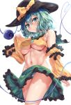  1girl blush breasts cowboy_shot from_below green_eyes green_hair groin hair_between_eyes hat heart heart_of_string kaeranu_kaeru komeiji_koishi looking_at_viewer medium_hair panties silhouette simple_background smile solo stomach striped striped_panties third_eye touhou underboob underwear upskirt white_background 