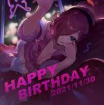  1girl 2021 :p blue_eyes dated english_text hair_over_one_eye hand_up happy_birthday highres looking_at_viewer lying on_side one_piece pink_hair pink_theme qin_(7833198) short_hair smile solo tongue tongue_out vinsmoke_reiju 
