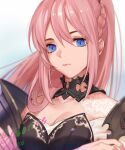  1girl bangs black_choker blue_eyes braid breasts character_name choker cleavage closed_mouth crossed_arms eyebrows_visible_through_hair hair_between_eyes long_hair looking_at_viewer medium_breasts peach_luo pink_hair shionne_(tales) solo tales_of_(series) tales_of_arise upper_body 