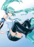  1girl aqua_eyes aqua_hair aqua_necktie aqua_pupils bangs bare_shoulders black_footwear black_skirt boots closed_mouth collared_shirt commentary detached_sleeves floating_hair hair_between_eyes hatsune_miku hatsune_miku_(vocaloid4) high_heel_boots high_heels long_hair long_sleeves microphone miniskirt necktie pixel_art pleated_skirt shirt skirt sleeveless sleeveless_shirt smile solo split_mouth thigh_boots thighhighs twintails v4x very_long_hair vocaloid white_shirt ymok zettai_ryouiki 