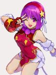  1girl ;d asamiya_athena bangs breasts china_dress chinese_clothes dress eyebrows_visible_through_hair fingerless_gloves gloves hair_ribbon hairband highres looking_at_viewer medium_breasts one_eye_closed oni_gini open_mouth purple_eyes purple_hair red_dress ribbon short_hair short_shorts shorts simple_background smile solo star_(symbol) the_king_of_fighters the_king_of_fighters_xv v white_background white_ribbon 