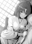  1girl ahoge bangs breasts greyscale highres ibuki_notsu japanese_clothes kara_no_kyoukai kimono long_sleeves looking_at_viewer lying medium_breasts monochrome obi on_side parted_bangs ryougi_shiki sash short_hair smile solo wide_sleeves 