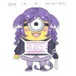  1other black_footwear black_sweater blush cosplay despicable_me english_commentary fangs goggles hachi_(hachibikii) hair_ornament hairclip head_wings minion_(despicable_me) nijisanji nijisanji_en no_humans one-eyed open_mouth pants purple_hair purple_pants selen_tatsuki selen_tatsuki_(cosplay) shoes sneakers solo sweater white_background 
