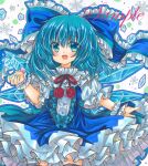  1girl :d adapted_costume black_legwear blue_bow blue_dress blue_eyes blue_hair bow center_frills cirno cowboy_shot dress eyebrows_visible_through_hair fang frilled_bow frilled_dress frills hair_between_eyes hair_bow ice large_bow looking_at_viewer marker_(medium) medium_hair neck_ribbon open_mouth puffy_short_sleeves puffy_sleeves red_ribbon ribbon rui_(sugar3) sample short_sleeves skin_fang smile snowflake_background solo thighhighs touhou traditional_media white_background wings wrist_cuffs zettai_ryouiki 