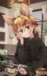  1girl alternate_costume animal_ear_fluff animal_ears aran_sweater black_sweater blonde_hair blush brown_eyes casual cherry commentary_request cup drinking_glass earrings elbows_on_table extra_ears eyebrows_visible_through_hair fennec_(kemono_friends) food fox_ears fox_girl fruit head_rest highres ice_cream ice_cream_float indoors jewelry kemono_friends light_smile long_sleeves looking_at_viewer messy_hair nanana_(nanana_iz) pancake pov_across_table pudding short_hair solo spoon sweater table teacup window 