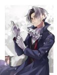  1boy 480 ace_attorney ace_attorney_investigations ascot bangs coat from_side gloves grey_hair hands_up highres long_sleeves male_focus miles_edgeworth parted_bangs parted_lips snowing solo 