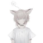  1girl absurdres ahoge alternate_costume animal_ears arknights bangs blue_eyes brown_hair casual choker commentary fox_ears fox_girl highres oripathy_lesion_(arknights) shirt short_hair simple_background solo sussurro_(arknights) tou_toutou upper_body white_background white_shirt 