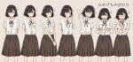  1girl beige_background blush brown_hair character_sheet commentary concept_art expressions freckles kawashima_hatoko long_skirt looking_at_viewer neck_ribbon nerdy_girl&#039;s_story ribbon shirt_tucked_in short_hair simple_background skirt solo standing urin variations 