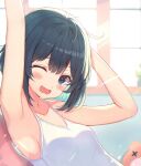  1girl ;o armpits arms_up black_hair blurry blush bob_cut bokeh breasts cleavage collarbone depth_of_field eyebrows_visible_through_hair fang highres light_rays morning nam one_eye_closed original skin_fang small_breasts stretch sunlight tank_top upper_body waking_up white_tank_top 