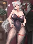  1girl 2boys absurdres animal_ears bare_shoulders breasts business_suit champagne_flute choker cleavage covered_navel cowboy_shot cup dog_tags door drinking_glass eyebrows_visible_through_hair fishnet_legwear fishnets formal hands_on_hips hat highres holding holding_cup huge_breasts imminent_rape inubashiri_momiji leotard multiple_boys nervous open_mouth pantyhose playboy_bunny_leotard poison red_eyes short_hair skindentation skull_and_crossbones smile solo_focus standing strapless suit sweatdrop syringe tail thigh_strap thighs tochinoko tokin_hat touhou wolf_ears wrist_cuffs 