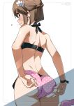  1girl absurdres adjusting_clothes adjusting_swimsuit ass back bikini black_bikini black_ribbon braid brown_eyes brown_hair embarrassed flower from_behind hagiwara_yukiho hair_flower hair_ornament halterneck highres idolmaster idolmaster_(classic) looking_at_viewer looking_back mismatched_bikini pink_bikini polka_dot polka_dot_bikini ribbon shiny shiny_hair short_hair shoulder_blades solo sweatdrop swimsuit tokiani white_flower wrist_ribbon 