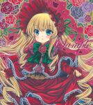  1girl :o blonde_hair blue_eyes blush bonnet bow bowtie capelet cowboy_shot eyebrows_visible_through_hair floral_background flower frilled_bonnet frilled_sleeves frills green_bow green_bowtie green_ribbon long_hair long_sleeves looking_at_viewer marker_(medium) pink_flower pink_rose purple_flower purple_rose red_capelet red_flower red_rose red_shirt red_skirt red_theme ribbon rose rose_background rozen_maiden rui_(sugar3) sample shinku shirt skirt skirt_hold solo traditional_media very_long_hair 