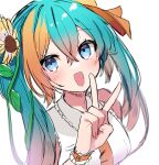  1girl aqua_hair bare_shoulders blue_eyes blush cha_sakura commentary fingernails flower frills hair_between_eyes hair_flower hair_ornament hatching_(texture) hatsune_miku highres leaf long_hair looking_at_viewer multicolored_hair necktie open_mouth orange_hair orange_necktie plant simple_background sketch smile solo sunflower sunflower_hair_ornament twintails v vines vocaloid white_background wrapping wrist_cuffs 