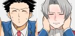  2boys ace_attorney arako bangs black_hair blush closed_eyes formal grey_hair hair_slicked_back hands_on_another&#039;s_cheeks hands_on_another&#039;s_face imminent_kiss male_focus miles_edgeworth multiple_boys necktie panels parted_bangs phoenix_wright suit trembling yaoi 