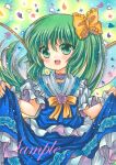  1girl :d blue_skirt blue_vest bow bowtie cowboy_shot daiyousei eyebrows_visible_through_hair fairy_wings fang flower frilled_bow frilled_shirt frilled_skirt frills green_background green_hair green_theme hair_between_eyes hair_bow long_hair looking_at_viewer marker_(medium) open_mouth pink_flower pink_rose puffy_short_sleeves puffy_sleeves rose rui_(sugar3) sample shirt short_sleeves skin_fang skirt skirt_set smile solo touhou traditional_media vest white_shirt wings wrist_cuffs yellow_bow yellow_bowtie 