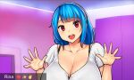  1girl bangs blue_hair breasts character_name cleavage commentary emoji english_commentary erkaz eyebrows_visible_through_hair hairband hands_up heart highres huge_breasts indoors long_hair looking_at_viewer open_mouth original red_eyes rina_atherina shirt short_sleeves smile solo white_shirt zoom_chat 