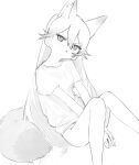  1girl :o alternate_costume animal_ear_fluff animal_ears bangs bare_legs between_legs blush bottomless casual commentary extra_ears eyebrows_visible_through_hair eyes_visible_through_hair ezo_red_fox_(kemono_friends) feet_out_of_frame fox_ears fox_girl fox_tail from_side furrowed_brow greyscale groin hair_between_eyes hand_between_legs head_tilt highres kemono_friends knees_together_feet_apart knees_up kona_ming long_hair looking_at_viewer looking_to_the_side monochrome naked_shirt no_nose own_hands_together parted_lips shirt short_sleeves simple_background sitting sketch solo t-shirt tail tsurime v-shaped_eyebrows v_arms very_long_hair white_background 
