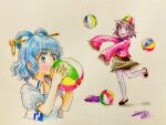  2girls :d alternate_headwear ball beachball blowing blue_eyes blue_hair blush cropped_torso eyebrows_visible_through_hair full_body hair_ornament hair_rings hair_stick hat hat_removed headwear_removed highres jiangshi kaku_seiga miyako_yoshika multiple_girls ofuda outstretched_arms playing q-bee_(aaru) simple_background sleeves_past_fingers sleeves_past_wrists smile standing standing_on_one_leg touhou traditional_media upper_body white_background zombie_pose 