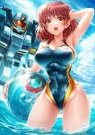  1girl :o aqua_gm arm_behind_head arm_support ass_visible_through_thighs ball_(gundam) bare_legs bare_shoulders bodysuit breasts cloud collarbone commentary covered_navel eyebrows_behind_hair gundam gundam_lost_war_chronicles highleg highleg_swimsuit highres large_breasts mecha multicolored_eyes noel_anderson ocean one-piece_swimsuit open_mouth oyu_udon pointy_breasts red_eyes red_hair short_hair skin_tight sky solo swimsuit taut_clothes taut_swimsuit thick_thighs thighs wet wetsuit yellow_eyes zipper 