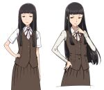  1girl bangs black_hair blunt_bangs blunt_ends brown_vest character_sheet concept_art expressions hime_cut long_hair long_skirt looking_at_viewer nerdy_girl&#039;s_story sidelocks simple_background skirt standing urin very_long_hair vest white_background 
