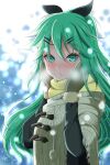  1girl alternate_costume bangs beige_coat black_ribbon coat commentary_request green_eyes green_hair hair_between_eyes hair_ornament hairclip hand_on_own_face highres kantai_collection long_hair mittens parted_bangs ponytail remodel_(kantai_collection) ribbon sidelocks snow snowflakes solo upper_body yamakaze_(kancolle) yomogi_dango 