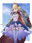  1girl absurdres azur_lane blonde_hair blue_background blue_eyes blue_skirt breasts cape covered_navel double_bun epaulettes fleur_de_lis headgear highres holding holding_shield holding_sword holding_weapon le_triomphant_(azur_lane) long_hair looking_to_the_side rapier red_cape rigging shield sideboob simple_background single_epaulette skirt small_breasts solo standing striped striped_legwear sword syu.mu thighhighs tutu two-tone_background weapon white_background white_legwear zettai_ryouiki 