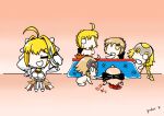  6+girls absurdres ahoge artist_name artoria_pendragon_(fate) black_bow blood bow braid breasts chibi chinese_commentary chinese_text commentary_request eating fate/grand_order fate/stay_night fate_(series) french_braid hair_bow headpiece highres jeanne_d&#039;arc_(alter)_(fate) jeanne_d&#039;arc_(fate) kotatsu large_breasts multiple_girls nero_claudius_(bride)_(fate) nero_claudius_(fate) no_pupils nude okita_souji_(fate) saber saber_alter smile sweatdrop table translation_request white_eyes yellow_eyes yuber.x 