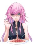  1girl absurdres bangs bare_arms bare_shoulders black_shirt blue_eyes breasts covered_collarbone eating eyebrows_visible_through_hair eyes_visible_through_hair food fork hair_over_one_eye highres holding holding_fork long_hair looking_at_viewer medium_breasts nijisanji pasta pink_hair plate shaded_face shirt simple_background sleeveless sleeveless_shirt solo spaghetti very_long_hair virtual_youtuber white_background yuki_maccha_(yukimattya10) yuuhi_riri 