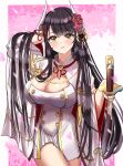  1girl absurdres arm_behind_head azuma_(sospower73) azur_lane black_hair border breasts cherry_blossoms cleavage coat cowboy_shot dress eyebrows_visible_through_hair flower gradient gradient_background hair_flower hair_ornament hiei_(azur_lane) highres horns katana large_breasts long_sleeves looking_at_viewer petals pink_background red_flower smile solo sword weapon white_border white_dress wide_sleeves yellow_eyes 