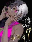  1girl black_background breasts cleavage cleavage_cutout clothing_cutout copyright_name dark_skin episode_number eyeshadow grey_hair hands_on_own_face highres jigoku_(takt_op._destiny) lam_(ramdayo) large_breasts looking_at_viewer makeup nail_polish pants parted_lips pink_eyeshadow pink_nails short_hair signature sitting solo takt_op._destiny teeth thighs upper_body yellow_eyes 