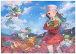  1girl abomasnow beanie black_hair border buizel cloud coat commentary_request dawn_(pokemon) day eyelashes field floating_scarf flower flower_field gligar grin hair_ornament hairclip hat holding holding_pokemon kikuyoshi_(tracco) long_hair one_eye_closed outdoors pachirisu petals pink_flower pokemon pokemon_(creature) pokemon_(game) pokemon_dppt pokemon_platinum red_coat scarf shaymin shaymin_(land) shaymin_(sky) signature sky smile sparkle teeth thighhighs white_border white_headwear white_legwear 