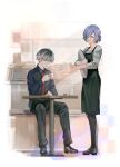  1boy 1girl apron bangs black_apron black_footwear black_hair black_legwear black_shirt collared_shirt cup full_body grey_background grey_hair grey_shirt hair_between_eyes hair_over_one_eye highres holding holding_tray kaneki_ken kirishima_touka kyuuba_melo looking_at_another multicolored_hair necktie object_hug pantyhose parted_lips purple_hair red_necktie sasaki_haise shirt shoes short_hair sitting smile standing table tokyo_ghoul tokyo_ghoul:re tray two-tone_hair 