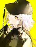  1girl bangs baseball_cap black_headwear black_jacket blonde_hair commentary_request crying crying_with_eyes_open fingers_to_mouth hair_ornament hat jacket kayahara lips long_hair long_sleeves looking_at_viewer nijisanji simple_background sister_cleaire sleeves_past_wrists solo tears track_jacket veil virtual_youtuber yellow_background yellow_eyes yellow_theme 