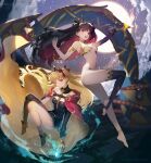  2girls :d arm_up ass bare_legs bare_shoulders barefoot black_dress black_hair blonde_hair blush breasts cage cape commentary_request detached_sleeves dress ereshkigal_(fate) expressionless fate/grand_order fate_(series) fire floating floating_hair full_body hands_up happy heavenly_boat_maanna high_heels highres holding holding_cage hood hooded_cape ishtar_(fate) knees_together_feet_apart knees_up legs long_hair midriff multiple_girls navel parted_lips red_cape red_eyes revealing_clothes short_dress siino single_bare_leg single_sleeve single_thighhigh smile star_(sky) sun thighhighs thighs tiara two_side_up underboob very_long_hair 
