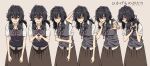  1girl beige_background black_hair breasts character_sheet commentary concept_art expressions fingers_together hair_over_eyes hunched_over igarashi_kasumi_(nerdy_girl&#039;s_story) long_skirt looking_at_viewer medium_breasts medium_hair messy_hair mojo neck_ribbon nerdy_girl&#039;s_story own_hands_together red_neckwear ribbon scratching_head sharp_teeth shirt_tucked_in skirt smile solo standing steepled_fingers teeth tented_shirt urin vest 