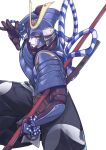  1other absurdres armor blue_armor daisi_gi fate/grand_order fate_(series) grey_pants hakama hakama_pants helmet highres japanese_armor japanese_clothes kote no_humans pants polearm robot rope shoulder_armor sode solo spear translated weapon zanzaburou_(fate) 