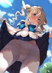  1girl barbara_(genshin_impact) blonde_hair blue_eyes blue_sky blush bow bowtie clothes_lift cross dress drill_hair from_below genshin_impact highres kobiemon latin_cross lifted_by_self looking_at_viewer panties pantyhose see-through skirt skirt_lift sky solo thighs twin_drills twintails underwear upskirt white_dress white_legwear white_panties 