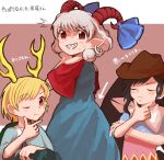  3girls antlers arrow_(symbol) bandana bangs black_hair black_wings blonde_hair blue_dress blue_shirt blue_skirt brown_headwear check_commentary chin_stroking closed_eyes closed_mouth commentary_request cowboy_hat cowboy_western curly_hair detached_sleeves donki_(yeah) dragon_girl dragon_horns dress earrings eye_print eyebrows_visible_through_hair hair_between_eyes hand_on_own_chin hat horizontal_pupils horn_ornament horn_ribbon horns horse_girl horse_tail jewelry kicchou_yachie kurokoma_saki multiple_girls off-shoulder_shirt off_shoulder pointy_ears rectangular_pupils red_eyes red_horns red_sleeves ribbon sharp_teeth sheep_horns shirt short_hair skirt sweat tail teeth thinking touhou toutetsu_yuuma translation_request turtle_shell white_bandana white_hair wings 