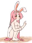 1girl :o animal_ears bangs bare_arms bare_legs bare_shoulders barefoot blush brown_eyes collarbone eyebrows_visible_through_hair flower full_body hair_flower hair_ornament hands_up hugging_own_legs knees_up long_hair mimi_(princess_connect!) naked_towel parted_bangs parted_lips pink_hair princess_connect! rabbit_ears setmen simple_background solo squatting towel very_long_hair white_background white_flower wooden_floor 