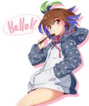  1girl @_@ absurdres blush brown_hair colored_inner_hair commentary_request english_text eva_mashiro eva_mashiro_(vtuber) hand_in_pocket highres holding holding_stylus hood hood_down hoodie indie_virtual_youtuber long_sleeves looking_at_viewer multicolored_eyes multicolored_hair short_hair simple_background smile solo speech_bubble split_mouth sprout_on_head stylus thighs virtual_youtuber white_background 