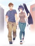  1boy 1girl barefoot_sandals blue_eyes blue_hair blue_shirt breasts brown_eyes brown_hair brown_pants clenched_hand commission couple denim english_commentary eyebrows_visible_through_hair hair_intakes hetero holding_hands jeans large_breasts long_hair looking_at_another looking_to_the_side mitsurugi_meiya muvluv numbers_(pigpenandpaper) pants ponytail shirogane_takeru shirt smile sweater turtleneck turtleneck_sweater walking 