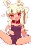  1girl animal_ear_fluff animal_ears arm_support bangs bare_shoulders black_leotard blonde_hair blunt_bangs blush breasts buckle collar commentary covered_navel dark_skin eyebrows_visible_through_hair feet_out_of_frame heart heart-shaped_pupils highres leotard long_hair looking_at_viewer masurao_(sekaiju) masurao_2_(sekaiju) naga_u on_bed open_mouth playboy_bunny ponytail rabbit_ears red_collar red_eyes sekaiju_no_meikyuu sekaiju_no_meikyuu_5 sidelocks simple_background sitting small_breasts solo spread_legs strapless strapless_leotard symbol-shaped_pupils thick_eyebrows white_background wrist_cuffs 