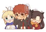  ! 1boy 2girls absurdres ahoge artoria_pendragon_(fate) bespectacled black-framed_eyewear black_hair black_jacket blonde_hair blue-framed_eyewear blue_scarf closed_eyes emiya_shirou fate/stay_night fate_(series) glasses green_eyes highres hood hood_down hooded_jacket jacket long_hair multiple_girls orange_hair orange_scarf red-framed_eyewear red_jacket saber scarf speech_bubble thought_bubble tohsaka_rin tsubuta_hiro two_side_up white_jacket yellow_eyes 