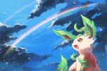  :d artist_name cloud commentary double_rainbow kira_(kira_dra) leafeon looking_up no_humans open_mouth pokemon pokemon_(creature) rainbow sky sky_focus smile water_drop yellow_eyes 