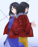  2girls artist_name back-to-back black_eyes black_hair egomeshi from_side hands_in_pockets highres jacket japanese_clothes kara_no_kyoukai kimono looking_at_viewer multiple_girls multiple_persona obi parted_lips red_jacket ryougi_shiki sash short_hair twitter_username white_background 