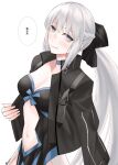  1girl aqua_choker artist_name black_bow black_jacket blush borrowed_garments bow breasts chaldea_logo cleavage cowboy_shot dutch_angle egomeshi fate/grand_order fate_(series) grey_hair jacket light_smile long_hair looking_at_viewer medium_breasts morgan_le_fay_(fate) navel pixiv_fate/grand_order_contest_1 polar_chaldea_uniform ponytail solo translation_request twitter_username 