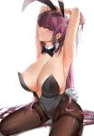  1girl animal_ears areola_slip areolae armpits arms_up black_bow black_bowtie black_legwear black_leotard blush bound bound_wrists bow bowtie breasts cleavage commentary covered_navel damda detached_collar fate/grand_order fate_(series) kneeling large_areolae large_breasts leotard long_hair looking_at_viewer pantyhose parted_lips playboy_bunny puffy_nipples purple_eyes purple_hair rabbit_ears scathach_(fate) simple_background solo white_background 