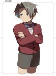  1boy ace_attorney bangs crossed_arms ganbare_(hnct4244) grey_eyes grey_hair long_sleeves looking_to_the_side male_focus miles_edgeworth parted_bangs ribbon shorts solo standing white_background 