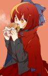  +_+ 1girl bangs black_shirt blue_bow blush bow breasts burger buttons cape commentary_request fingernails fingers food hair_between_eyes hair_bow holding holding_food hot long_sleeves medium_breasts open_mouth pleated_skirt red_background red_cape red_eyes red_hair red_ribbon red_skirt ribbon ribbon-trimmed_bow sekibanki shiny shiny_hair shirt short_hair simple_background skirt solo standing steam teeth tissue touhou twitter_username two-sided_cape two-sided_fabric unkmochi upper_teeth 